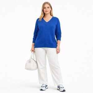 Karen Scott Blue V-Neck Sweater Women’s L Cotton Blend Knit Pullover Long Sleeve